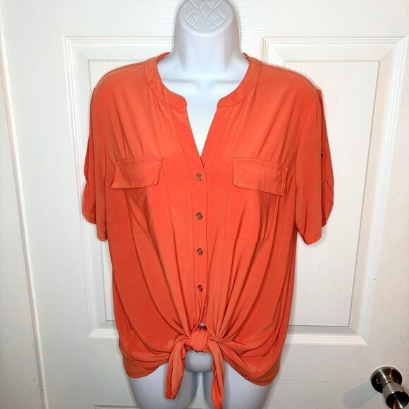 Cato Buttob Down Tie Front Blouse Coral Top M - Picture 4 of 10